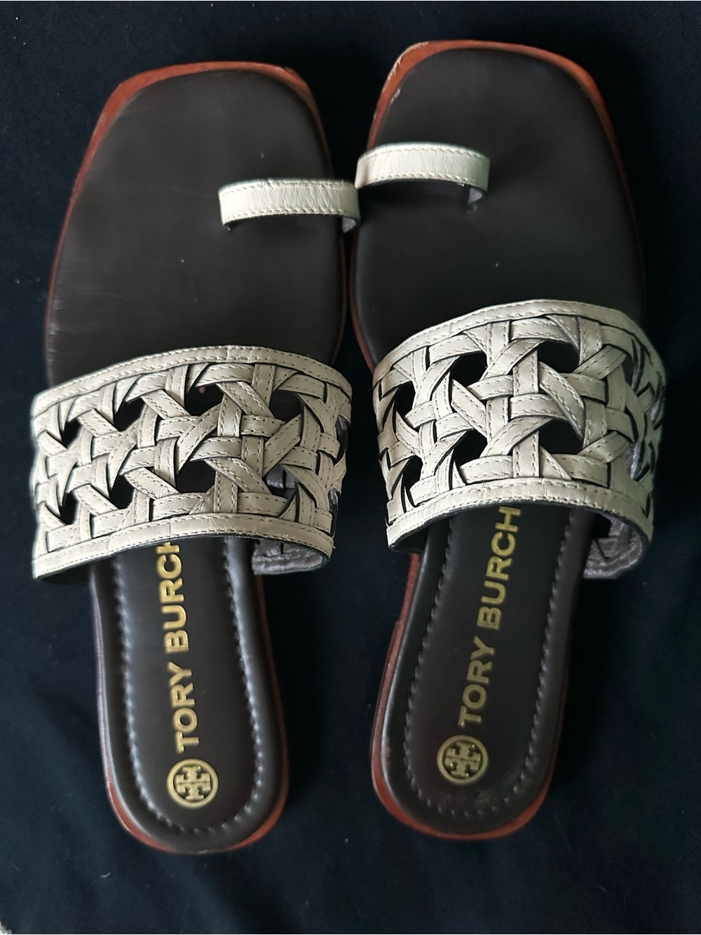 Tory Burch basket wave Cream Bone  Braided Leather Slide Sandals with Brown 8.5 - Picture 9 of 12